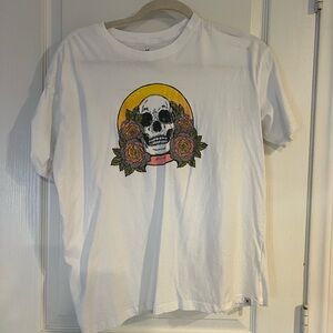 Hurley White Tee with Skull and Floral Design